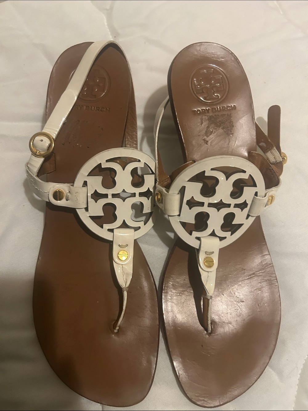 Tory Burch White and Brown Miller Logo Thong Sandals